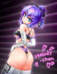  1girl ass bandaid bandaid_on_nose beltbra blue_eyes character_name clothes_writing commentary_request do-ko_(celsius) hair_ribbon heart highres looking_back melody_(projektmelody) projektmelody purple_hair ribbon twitter_username white_legwear 