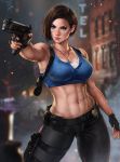  artist_name badge belt belt_pouch black_pants blue_tank_top breasts brown_hair building cleavage covered_nipples dandon_fuga dirty dirty_clothes dirty_face fingerless_gloves fire gloves gun handgun highres holding holding_gun holding_weapon holster jewelry jill_valentine legs_apart medium_breasts navel necklace pants partially_unbuttoned police_badge pouch resident_evil resident_evil_3 shoulder_holster smoke tank_top thigh_holster weapon 