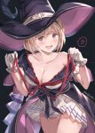  1girl :d bangs black_background blonde_hair blush breasts brown_eyes cleavage collarbone djeeta_(granblue_fantasy) gloves granblue_fantasy hat heart highres looking_at_viewer medium_breasts milli_little open_mouth short_hair skirt smile solo spoken_heart twitter_username warlock_(granblue_fantasy) white_gloves witch_hat 