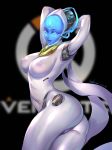  1girl absurdres armpits arms_behind_head ass blue_eyes blue_lips breasts copyright_name covered_nipples dated echo_(overwatch) from_side highres large_breasts looking_at_viewer navel overwatch parted_lips robot solo souno_hana twisted_torso 