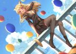  1girl :d animal_ears artist_name balloon belt black_choker black_footwear black_legwear black_shirt black_skirt blonde_hair boots breasts cat_ears cat_girl cat_tail center_opening choker cloud commission day dutch_angle hair_flip highres jewelry kuini long_hair long_sleeves medium_breasts miniskirt necklace no_bra open_mouth original outdoors pleated_skirt railing red_eyes shirt sitting skirt sky sleeves_pushed_up slit_pupils smile solo tail thighhighs wind zettai_ryouiki 