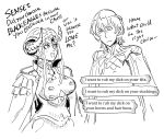  1boy 1girl :d bb_(baalbuddy) breasts byleth_(fire_emblem) byleth_(fire_emblem)_(male) curled_horns dialogue_box edelgard_von_hresvelg english_text epaulettes fire_emblem fire_emblem:_three_houses greyscale highres jacket jacket_on_shoulders jitome large_breasts looking_at_another monochrome open_mouth profanity sidelocks simple_background smile white_background 