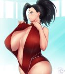  1girl :o artist_name bare_shoulders black_eyes black_hair blush bodysuit boku_no_hero_academia breasts center_opening cleavage coffeeslice collarbone covered_nipples highres huge_breasts jewelry long_hair looking_away md5_mismatch navel no_bra open_mouth ponytail ring signature stomach sweat sweatdrop thick_thighs thighs wide_hips yaoyorozu_momo 