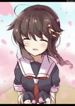  1girl ahoge blush braid brown_hair cherry_blossoms closed_eyes hair_flaps hair_ornament highres kantai_collection school_uniform serafuku shigure_(kantai_collection) single_braid smile solo soramuko 