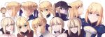  =_= absurdres ahoge animal_costume armor artoria_pendragon_(all) baseball_cap black_choker blonde_hair blue_dress blush boa_(brianoa) braid braided_bun breasts brown_sweater chibi choker cleavage_cutout closed_mouth dark_persona dress expressions eyebrows_visible_through_hair eyes_visible_through_hair fate/grand_order fate/stay_night fate/tiger_colosseum fate_(series) gradient gradient_background green_eyes grey_background grey_headwear hair_ribbon happy hat highres lion_costume long_hair looking_at_viewer multiple_persona mysterious_heroine_x open_mouth parted_lips profile purple_ribbon ribbon saber saber_alter sidelocks small_breasts smile sweater turtleneck wide-eyed yellow_eyes 