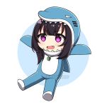  1girl :d animal_costume architect_(girls_frontline) bangs black_hair blue_background blush chibi commission eyebrows_visible_through_hair fang full_body girls_frontline looking_at_viewer open_mouth outstretched_arms purple_eyes rynzfrancis shark_costume sidelocks smile solo spread_arms twitter_username two-tone_background v-shaped_eyebrows watermark whistle whistle_around_neck white_background 