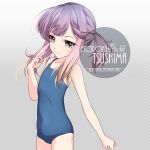  1girl alternate_costume artist_name character_name collarbone commentary_request cowboy_shot flat_chest gradient gradient_background gradient_hair inaba_shiki kantai_collection looking_at_viewer multicolored_hair orange_hair ponytail purple_eyes purple_hair school_swimsuit short_hair sidelocks smile solo standing swimsuit tsushima_(kantai_collection) 