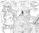  1boy 1girl bald bb_(baalbuddy) blush breasts cleavage commentary couple covered_nipples earphones elf english_commentary fang fang_out fangs greyscale heart hetero highres holding_newspaper large_breasts long_hair midriff mole mole_under_mouth monochrome nipples no_nut_november open_mouth orc original pencil pointy_ears reading rejection round_eyewear saliva self_fondle shirt short_shorts shorts simple_background sleeveless sleeveless_shirt spoken_heart sweatdrop tank_top white_background 