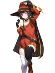  1girl bandaged_leg bandages bare_shoulders belt black_collar black_hair black_legwear blush breasts cape collar collarbone commentary_request dress fingerless_gloves gloves hat knee_up kono_subarashii_sekai_ni_shukufuku_wo! looking_at_viewer megumin mugisei333 off-shoulder_dress off_shoulder red_dress red_eyes short_hair_with_long_locks simple_background single_thighhigh solo thighhighs white_background witch_hat 