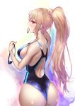  ass blonde_hair blush breasts competition_swimsuit furen_e_lustario goggles highres holding holding_hair loking_back looking_at_viewer mouth_hold nijisanji one-piece_swimsuit pale_skin ponytail red_eyes shiroshisu shoulder_blades sideboob swimsuit virtual_youtuber 
