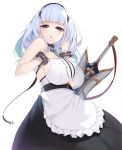  1girl anchor_choker apron azur_lane bangs black_hairband black_skirt blunt_bangs bracelet breasts center_frills chestnut_mouth choker commentary_request cowboy_shot dido_(azur_lane) eyebrows_visible_through_hair frilled_apron frilled_choker frills hairband half-closed_eyes hand_on_own_chest highres jewelry large_breasts long_hair looking_at_viewer maid_apron olive_(laai) playing_with_own_hair purple_eyes sheath sheathed shirt sideboob sidelocks silver_hair simple_background skirt sleeveless sleeveless_shirt solo sword underboob underboob_cutout waist_apron weapon white_apron white_background white_shirt 
