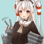  1girl 1other amatsukaze_(kantai_collection) artist_name blue_background brown_dress brown_neckwear choker cocoperino commentary_request dated dress hair_tubes hat kantai_collection lifebuoy long_hair machinery mini_hat neckerchief rensouhou-kun sailor_dress short_dress silver_hair smokestack_hair_ornament torpedo_launcher two_side_up upper_body windsock 