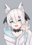  1girl absurdres animal_ear_fluff animal_ears aqua_eyes ars_almal breasts choker cleavage collarbone eyebrows_visible_through_hair fox_ears grey_background hair_between_eyes hair_ornament hair_ribbon hairclip half-closed_eyes highres looking_at_viewer medium_breasts nijisanji open_mouth paw_pose ribbon robe short_hair short_twintails silver_hair simple_background solo sorazee12 twintails upper_body virtual_youtuber wide_sleeves 