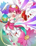  1girl animal_ears armpits bloomers breasts bunny_ears choker cleavage dress easter easter_egg egg est_(fire_emblem) fake_animal_ears fire_emblem fire_emblem_heroes flower foreshortening gloves green_background hair_flower hair_ornament highres looking_at_viewer medium_breasts one_eye_closed open_mouth outstretched_hand pink_dress pink_eyes pink_footwear pink_hair pretty-purin720 see-through_sleeves shoes short_hair smile solo thighhighs thighs two-tone_background underwear white_background white_gloves winged_footwear zettai_ryouiki 