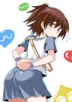  1girl arle_nadja ass blue_skirt blush brown_eyes brown_hair cougar1404 looking_at_viewer madou_monogatari puyopuyo short_hair skirt solo 