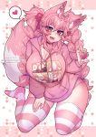  1girl animal_ears artist_name blush braid breasts choker cleavage eyebrows_visible_through_hair fox_ears fox_tail heart highres large_breasts long_hair long_sleeves looking_at_viewer multicolored multicolored_clothes multicolored_legwear open_mouth original osiimi pink_hoodie pink_legwear smile solo speech_bubble spoken_heart striped striped_legwear tail thighhighs twin_braids upper_teeth very_long_hair white_legwear 