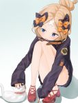  1girl abigail_williams_(fate/grand_order) bandaid_on_forehead bangs black_bow black_jacket blonde_hair blue_eyes blush bow breasts cat crossed_bandaids fate/grand_order fate_(series) forehead hair_bow hair_bun heroic_spirit_traveling_outfit jacket legs long_hair long_sleeves multiple_bows open_mouth orange_belt orange_bow parted_bangs petting polka_dot polka_dot_bow sakazakinchan sleeves_past_fingers sleeves_past_wrists smile squatting 