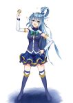  1girl absurdres aqua_(konosuba) blue_eyes blue_hair boots colored_pencil_(medium) fallenbrush gold_coin highres kono_subarashii_sekai_ni_shukufuku_wo! long_hair ponytail thigh_boots thighhighs traditional_media 