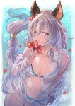  1girl animal_ears bangs bikini bikini_under_clothes blush braid breasts cat_ears cleavage collarbone collared_shirt dress_shirt erune flower granblue_fantasy hair_between_eyes hair_tubes heles highres large_breasts long_hair long_sleeves looking_at_viewer off_shoulder open_clothes open_shirt parted_lips see-through shirt silver_hair single_braid solo swimsuit umou_(user_xxhp7583) very_long_hair water wet white_bikini white_shirt yellow_eyes 