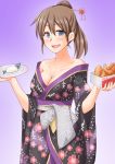  1girl anti_(untea9) blue_eyes blush breasts brown_hair cleavage eyebrows_visible_through_hair fast_food fish floral_print flower fried_chicken hair_between_eyes hair_flower hair_ornament highres intrepid_(kantai_collection) japanese_clothes kantai_collection kfc kimono large_breasts long_hair looking_at_viewer open_mouth ponytail rice smile solo wide_sleeves 