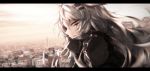  1girl animal_ears arknights black_jacket blurry blurry_background city day eyelashes facepaint hair_ornament hairclip highres jacket lappland_(arknights) letterboxed long_hair looking_at_viewer outdoors parted_lips profile rkzrok silver_eyes silver_hair solo upper_body wind wolf_ears 