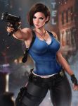  artist_name black_pants breasts brown_hair building cleavage fingerless_gloves fire gloves gun handgun highres holding holding_gun holding_weapon jewelry jill_valentine medium_breasts necklace pants police_badge resident_evil resident_evil_3 smoke weapon 