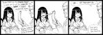  1boy 1girl :i absurdres asui_tsuyu bait_and_switch banana bb_(baalbuddy) black_border boku_no_hero_academia border closed_mouth collared_shirt commentary eating english_commentary english_text failure food frog_girl fruit glasses greyscale highres holding holding_food holding_fruit jacket long_hair long_sleeves long_tongue monochrome necktie open_mouth prehensile_tongue school_uniform shirt simple_background smile sweatdrop tongue white_background wing_collar 
