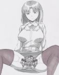  1girl android arm_support bangs belt breasts closed_mouth collared_shirt damaged eyebrows_visible_through_hair grey_background impossible_clothes impossible_shirt kashiyuki large_breasts long_sleeves mecha_musume medium_hair original parted_bangs parts_exposed raised_eyebrows shirt simple_background solo spread_legs thighhighs thighs upskirt 