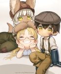  1boy 1girl 1other :3 absurdres blonde_hair brown_hair closed_eyes ears_through_headwear english_commentary facial_mark glasses grin hands_on_own_cheeks hands_on_own_face highres horizontal_pupils lying made_in_abyss mechanical_arms nanachi_(made_in_abyss) on_stomach pants pocketbee regu_(made_in_abyss) riko_(made_in_abyss) sitting smile suspenders twintails white_hair yellow_eyes 