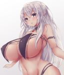  1girl bikini black_bikini breasts covered_nipples dark_elf dark_skin elf highres huge_breasts long_hair looking_at_viewer navel original pointy_ears silver_hair solo swimsuit underboob very_long_hair yu-kinouhasu 