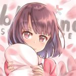  1girl absurdres background_text bangs blush brown_hair brown_nails closed_mouth collared_shirt eyebrows_visible_through_hair highres holding jacket katou_megumi looking_at_viewer petals pink_jacket red_eyes saenai_heroine_no_sodatekata shirt smile solo upper_body white_shirt zongren 