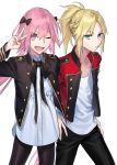  1boy 1girl astolfo_(fate) bangs black_bow black_jacket black_pants blonde_hair bow braid breasts closed_mouth fang fate/apocrypha fate_(series) french_braid green_eyes jacket long_hair long_sleeves looking_at_viewer mordred_(fate) mordred_(fate)_(all) multicolored_hair nakuta one_eye_closed open_mouth otoko_no_ko pants pink_hair ponytail purple_eyes red_jacket shirt sidelocks simple_background small_breasts smile streaked_hair white_background white_hair white_shirt 