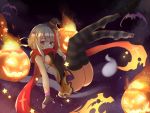  1girl admiral_graf_spee_(azur_lane) alternate_costume azur_lane blue_eyes blush breasts eyebrows_visible_through_hair halloween halloween_costume hat highres jack-o&#039;-lantern looking_at_viewer miniskirt multicolored_hair night night_sky open_mouth pumpkin qi_ye_shao_yan red_hair scarf short_hair sidelocks silver_hair skirt sky streaked_hair striped striped_legwear thighhighs witch_hat 