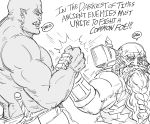  2boys bald bb_(baalbuddy) beard biceps dwarf earrings english_text facial_hair fang fang_out greyscale handshake highres jewelry monochrome multiple_boys muscle orc original pointy_ears scabbard scar scar_across_eye sheath simple_background sword war_hammer weapon white_background 