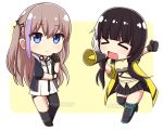  &gt;_&lt; 2girls bangs beige_background black_gloves black_hair black_jacket black_legwear black_neckwear blue_eyes blush brown_hair brown_shirt chibi clenched_hand closed_eyes closed_mouth collared_shirt commission dress eyebrows_visible_through_hair girls_frontline gloves hair_between_eyes hair_ornament jacket kneehighs long_hair long_sleeves looking_at_viewer low_twintails megaphone multicolored_hair multiple_girls one_side_up open_clothes open_jacket open_mouth outstretched_arm purple_hair ro635_(girls_frontline) rynzfrancis shirt single_kneehigh single_thighhigh st_ar-15_(girls_frontline) streaked_hair thigh_strap thighhighs twintails twitter_username two-tone_background v-shaped_eyebrows very_long_hair watermark wavy_mouth white_background white_dress white_hair yellow_jacket 