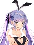  1girl animal_ears azur_lane bangs blue_hair blush breast_hold breasts bunny_ears bunny_girl cleavage cleavage_cutout collar collarbone essex_(azur_lane) fake_animal_ears hair_ribbon heart_cutout highres large_breasts long_hair looking_at_viewer open_mouth ribbon schreibe_shura simple_background solo twintails white_background yellow_eyes 
