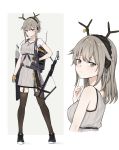  1girl absurdres antlers arknights bangs black_legwear bow_(weapon) breasts crossbow crossbow_bolts deer_antlers deer_girl eyebrows_visible_through_hair finger_to_chin firewatch_(arknights) from_side full_body garter_straps grey_eyes grey_hair hair_between_eyes highres holding holding_weapon jewelry long_hair looking_at_viewer mango_(mgo) multiple_views necklace ponytail see-through_sleeves serious shoes sidelocks simple_background small_breasts sneakers tank_top thighhighs upper_body v-shaped_eyebrows weapon white_background 
