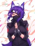 1girl absurdly_long_hair ahoge animal_ears artist_name black_gloves borrowed_character breasts closed_eyes commission dated fingerless_gloves gloves happy highres hoipus large_breasts long_hair long_sleeves looking_at_viewer original purple_hair signature solo tail very_long_hair wolf_ears wolf_tail 