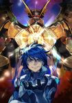  1boy blue_eyes blue_hair chest_cannon cobray_gordon dis_astranagant evil_smile hankuri male_focus mecha open_hand smile spacesuit super_robot_wars the_3rd_super_robot_wars_alpha 