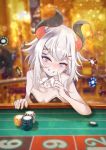  1girl absurdres bare_shoulders blue_eyes blush bunnysuit casino commentary demon_girl demon_horns grin hair_between_eyes hair_ornament hairclip highres horns index_finger_raised kazanock levi_elipha looking_at_viewer nijisanji nose_blush roulette_table short_hair sleeveless smile solo upper_body virtual_youtuber white_hair 