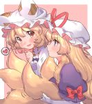  2girls :d bangs blonde_hair blush border bow brown_eyes clenched_hand commentary_request dress eyebrows_visible_through_hair fox_tail from_side gloves hair_between_eyes hand_up hat hat_ribbon heart highres long_hair looking_at_viewer masanaga_(tsukasa) mob_cap multiple_girls multiple_tails open_mouth outside_border pillow_hat pink_background profile puffy_short_sleeves puffy_sleeves purple_dress purple_eyes red_bow red_ribbon ribbon short_hair short_sleeves simple_background smile spoken_heart tail touhou upper_body white_border white_gloves white_headwear yakumo_ran yakumo_yukari yuri 
