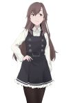  1girl arashio_(kantai_collection) bangs belt black_dress black_legwear brown_eyes brown_hair closed_mouth collared_shirt daigaku_jitome dress eyebrows_visible_through_hair frilled_dress frills hair_between_eyes hand_on_hip highres kantai_collection long_hair long_sleeves pantyhose pinafore_dress remodel_(kantai_collection) shirt simple_background solo white_background white_shirt 