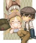  1boy 1girl 1other :3 absurdres blonde_hair brown_hair closed_eyes ears_through_headwear english_commentary facial_mark glasses grin hands_on_own_cheeks hands_on_own_face highres horizontal_pupils lying made_in_abyss mechanical_arms nanachi_(made_in_abyss) on_stomach pants pocketbee regu_(made_in_abyss) riko_(made_in_abyss) sitting smile suspenders twintails white_hair yellow_eyes 