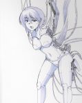  1girl android blush breasts damaged greyscale highres kashiyuki large_breasts mecha_musume medium_hair monochrome navel no_arms open_mouth original parts_exposed solo thighs tube white_background 