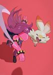  ambiguous_gender cheek_tuft clothing crossover deltarune duo eyes_closed facial_tuft female fingers hair hair_over_eye lanbook long_hair markings nintendo one_eye_obstructed open_mouth pink_body pok&eacute;mon pok&eacute;mon_(species) purple_hair red_background red_markings reptile scalie scorbunny simple_background smile spikes susie_(deltarune) tongue tuft video_games white_body yellow_teeth 