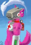  anthro armor blue_background blue_sky breastplate clothed clothing collar cybernetics fur hi_res machine male nowakai partially_clothed pink_body pink_fur simple_background sky solo standing subw00fer_(species) team_fortress_2 valve video_games 