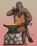  anthro anvil apron biceps blacksmith clothed clothing footwear full-length_portrait gloves hammer handwear hi_res holding_hammer looking_at_viewer male mammal marine muscular muscular_male pinniped portrait rov solo tools walrus whiskers 