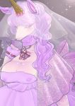  1_horn 2020 anthro bonfutsukame breasts cleavage clothed clothing collarbone equid female hair hi_res horn light_clothing light_hair looking_at_viewer mammal nipple_outline purple_clothing purple_hair solo translucent translucent_clothing unicorn 