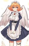  breasts clothed clothing feathered_wings feathers female frilly front_view hair holding_object humanoid ishuzoku_reviewers meidri monotone_wings orange_hair smile solo white_body white_clothing white_feathers white_wings winged_humanoid wings yuroe 