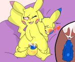  balls blush bodily_fluids cleft_tail cum cum_in_pussy cum_inside duo erection fan_character female female_penetrated feral fur genital_fluids genitals male male/female male_penetrating male_penetrating_female milachu nintendo on_top penetration penis pikachu pok&eacute;mon pok&eacute;mon_(species) pussy reverse_cowgirl_position sex simple_background sparkchu01 tongue vaginal vaginal_penetration video_games yellow_body yellow_fur 
